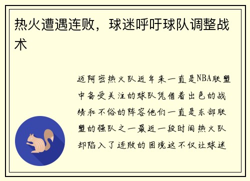 热火遭遇连败，球迷呼吁球队调整战术