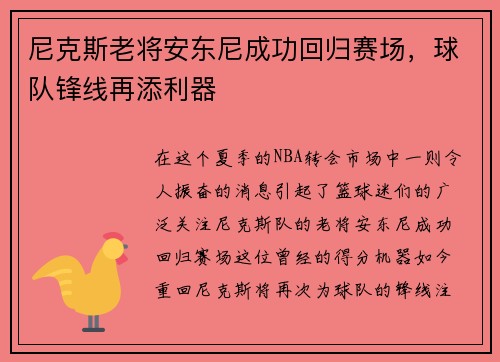尼克斯老将安东尼成功回归赛场，球队锋线再添利器